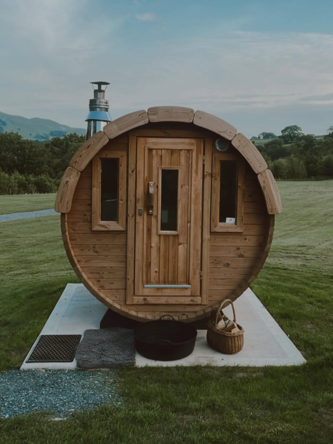 The barrel-shaped Riverside Sauna, with its wood store and log basket